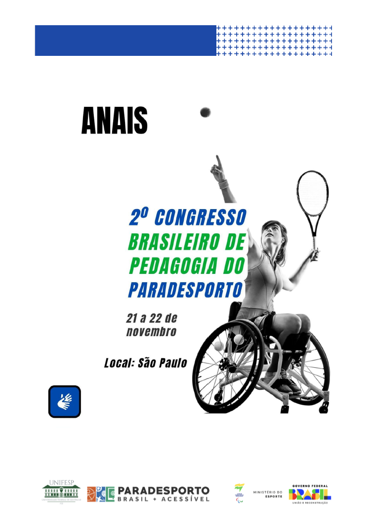 Logo do projeto tem 3 conceitos e representação, são pequenos ícones. Do lado esquerdo a Acessibilidade, através do símbolo universal da ONU em laranja. No centro o Paradesporto com uma roda de cadeira de rodas, uma bola de goalball e um atleta lançando um dardo na cor azul, e do lado direito a interação virtual através de um celular  com uma arroba ao centro na cor verde. Ao lado diretito do retangulo descrito o nome do projeto (em preto),  "PARADESPORTO BRASIL + ACESSÌVEL".  Abaixo segue o título ANAIS (em verde) II Congresso Brasileiro de (em laranja) Pedagogia do Paradesporto (em azul). Ao lado uma imagem de uma jovem sentada em uma cadeira de rodas com uma raquete de tênis numa pose como quem está sacando a bolinha.