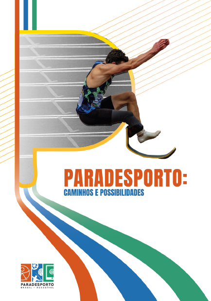 A capa do livro "Paradesporto: Caminhos e Possibilidades" tem um fundo branco, o que dá destaque aos elementos gráficos e ao título. Três linhas coloridas – uma laranja, uma azul e uma verde – começam no canto superior esquerdo, se estendem verticalmente e, em seguida, fazem uma curva suave, finalizando no centro inferior, próximo à direita.
No meio da capa, integrado ao trajeto das linhas, há uma letra "P" estilizada, que contém a imagem de uma pista de atletismo em preto e branco. Sobre a pista saindo do P, há um atleta com uma prótese na perna direita e está no meio de um salto, com ambas as pernas e os braços projetados para a frente em uma posição dinâmica que transmite movimento e energia.
No canto inferior esquerdo, há a marca "Paradesporto Brasil + Acessível".